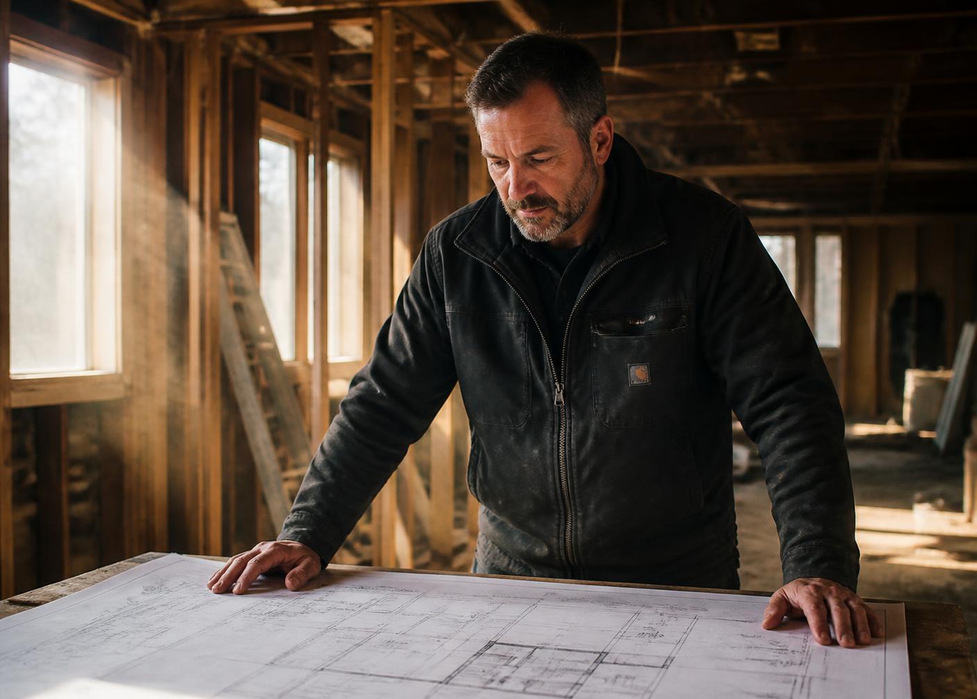 AMM Construction contractor reviewing plans on a job site