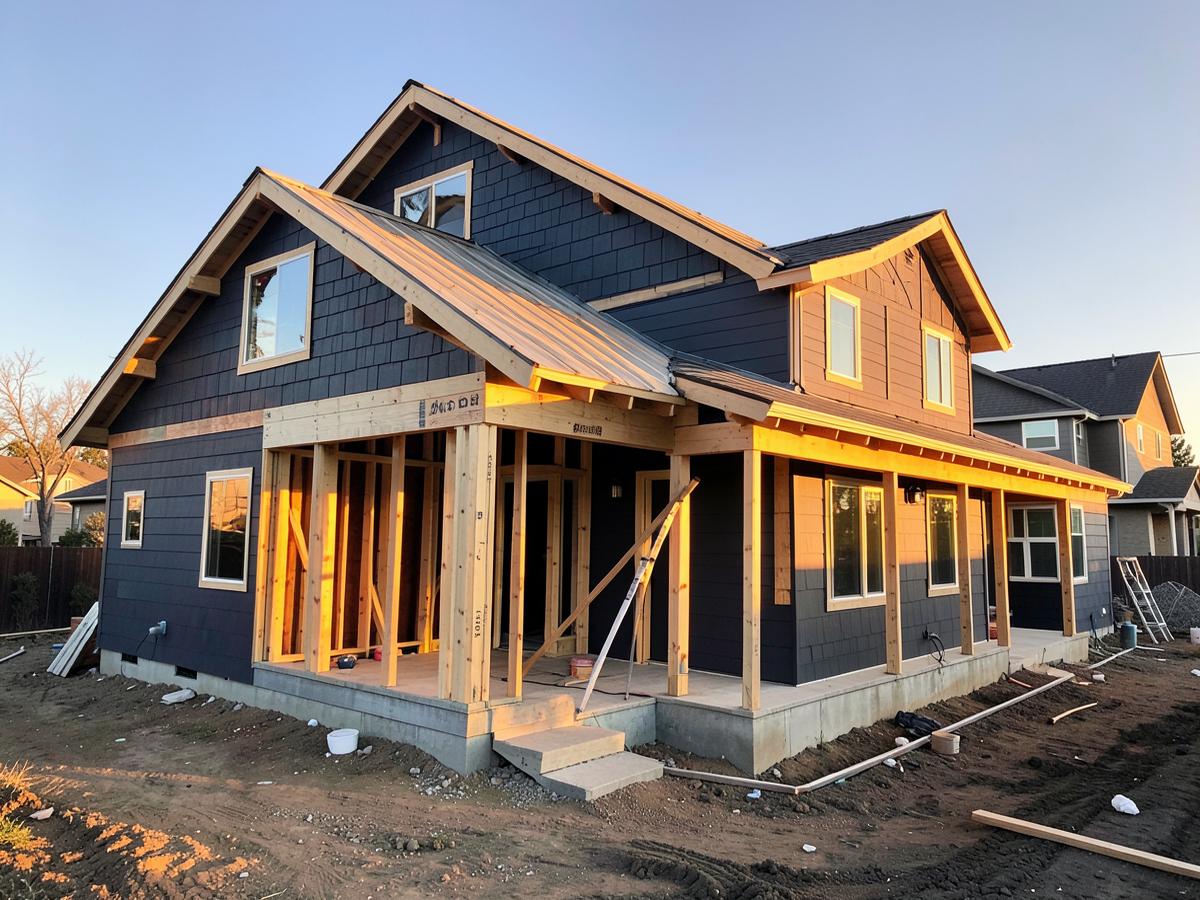 Home addition under construction at golden hour