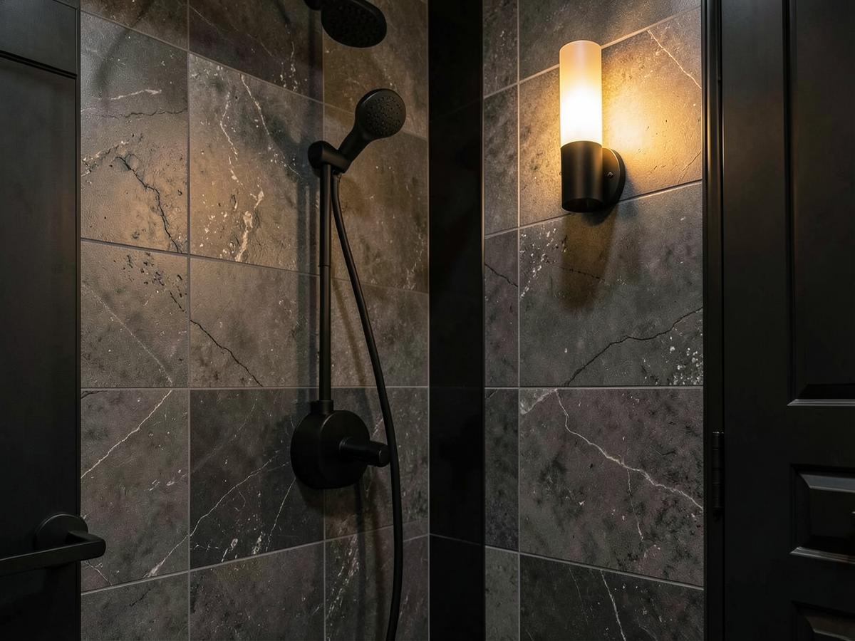 Remodeled bathroom with stone tile and matte black fixtures